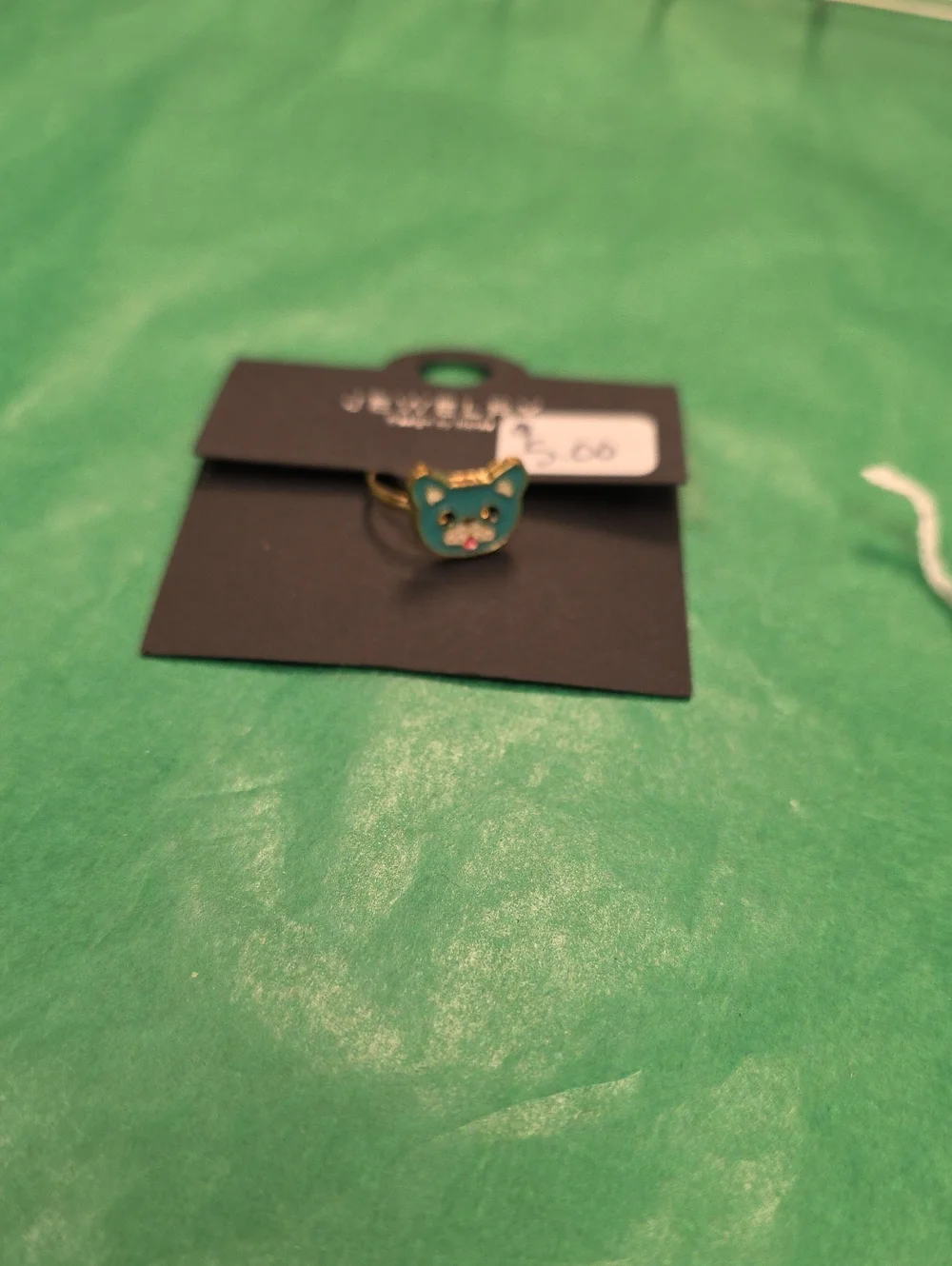 Gold Cat Face Ring in Teal Enamel - Women Jewelry